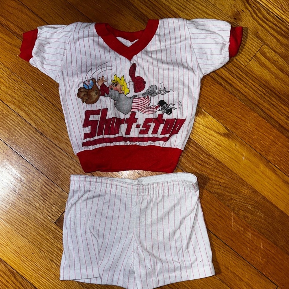Vintage 80s Trevira Baseball Short-stop Pinstripe Kids Set White Red Size 4‎